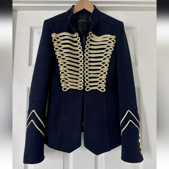 Zara Navy Blue Gold Embroidery Military Blogger Jacket Blazer XS - Picture 4 of 14